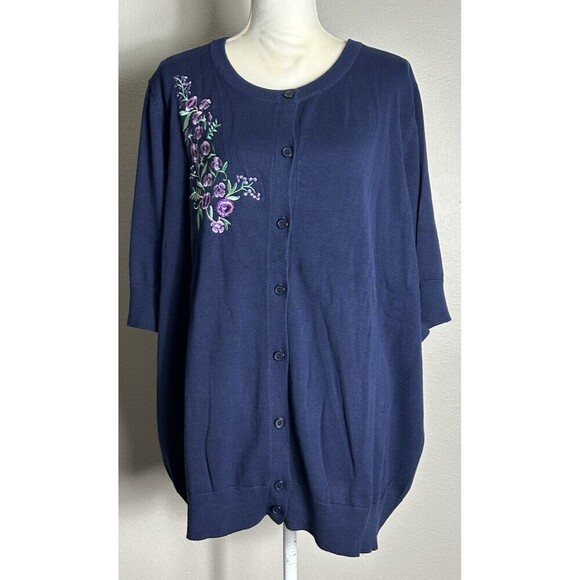 Woman Within Perfect Elbow-Length Sleeve Cardigan Navy Flower Plus Size 2X - Picture 6 of 11